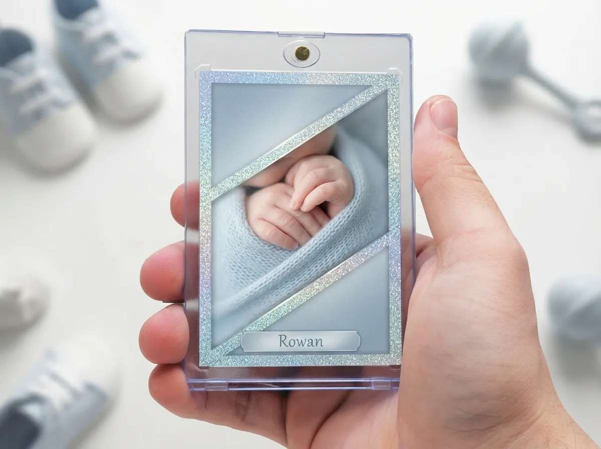 Custom silver-blue refractor birth announcement trading card displayed in clear magnetic case.