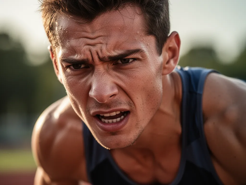 Athlete displaying intense focus and determination during competitive sporting moment outdoors.