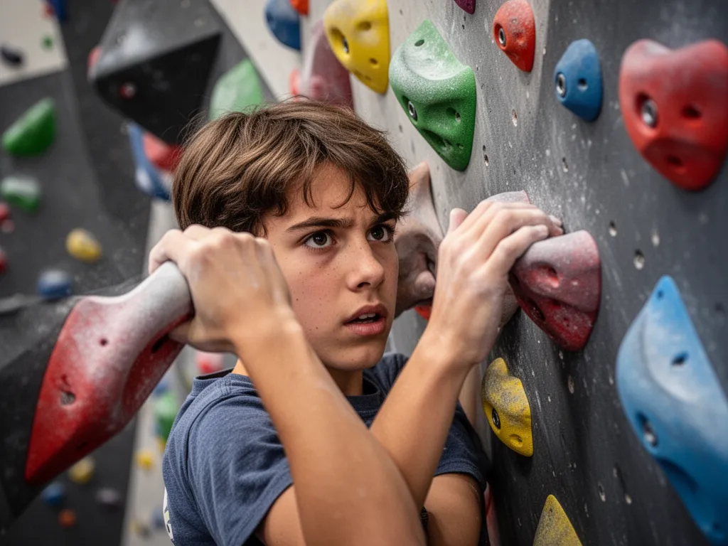 Close-up of focused rock climber's hands and expression while ascending indoor climbing wall