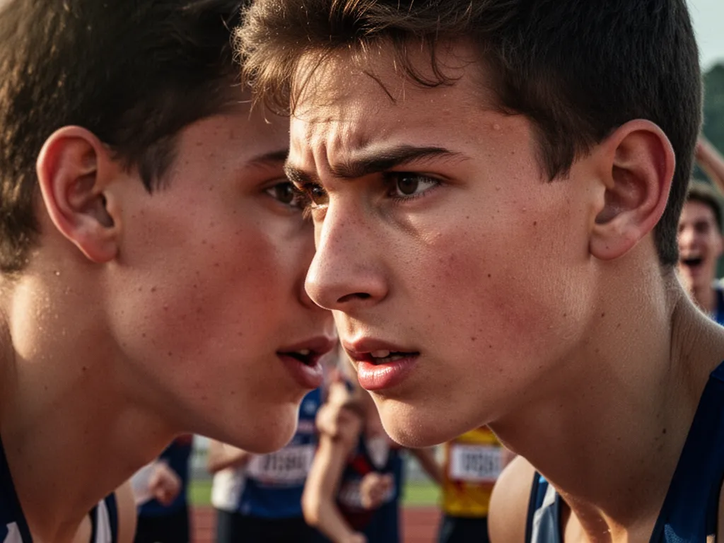 Young athlete's determined expression during competition with supportive crowd blurred behind them