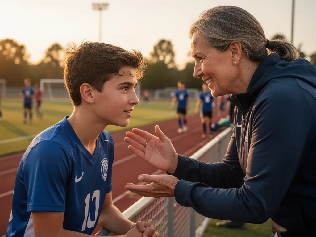 Young athlete receiving supportive guidance from parent or coach during outdoor sports moment