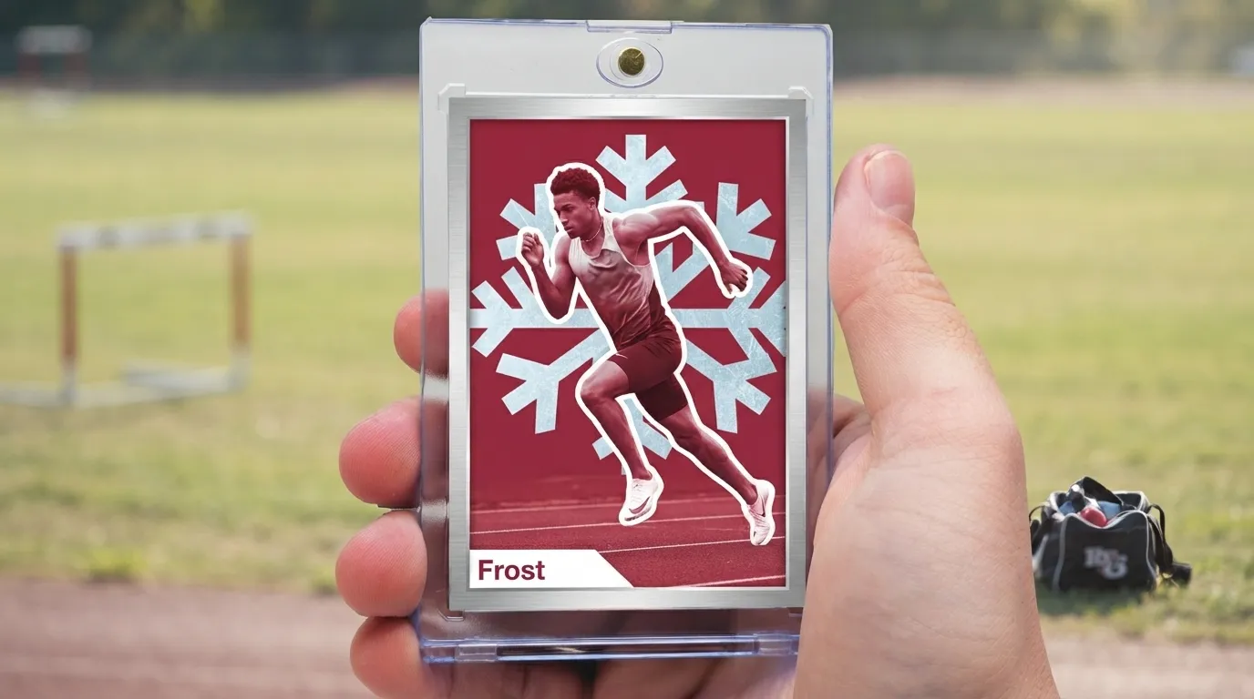 Hand holding magnetic case with duotone christmas birth announcement sports card of runner mid-stride.