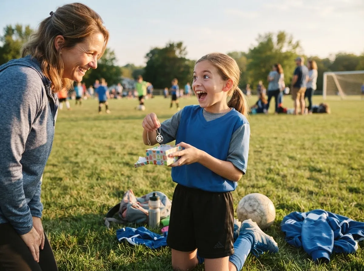 Young athlete on sports field joyfully surprised while unwrapping a holiday gift outdoors.