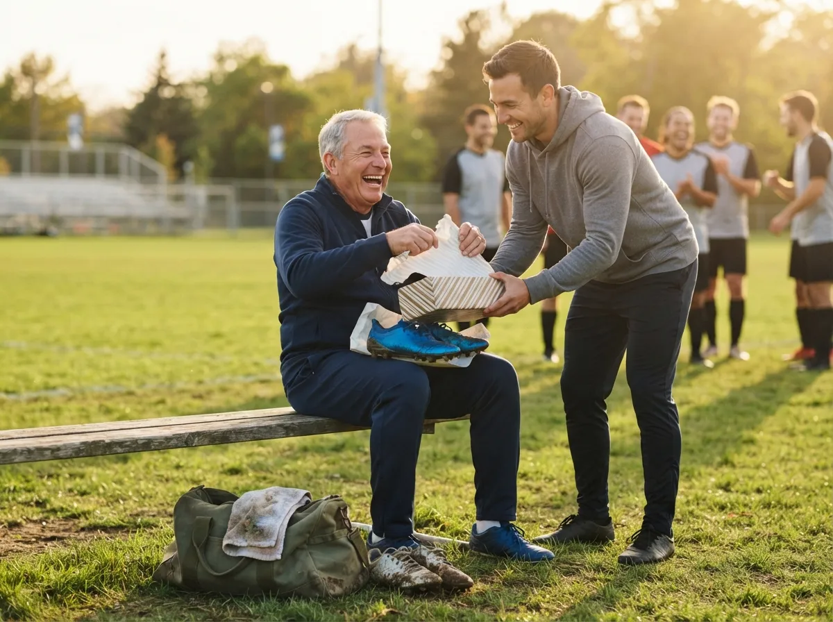 Father laughing while unwrapping a surprise gift on a sunny athletic field.