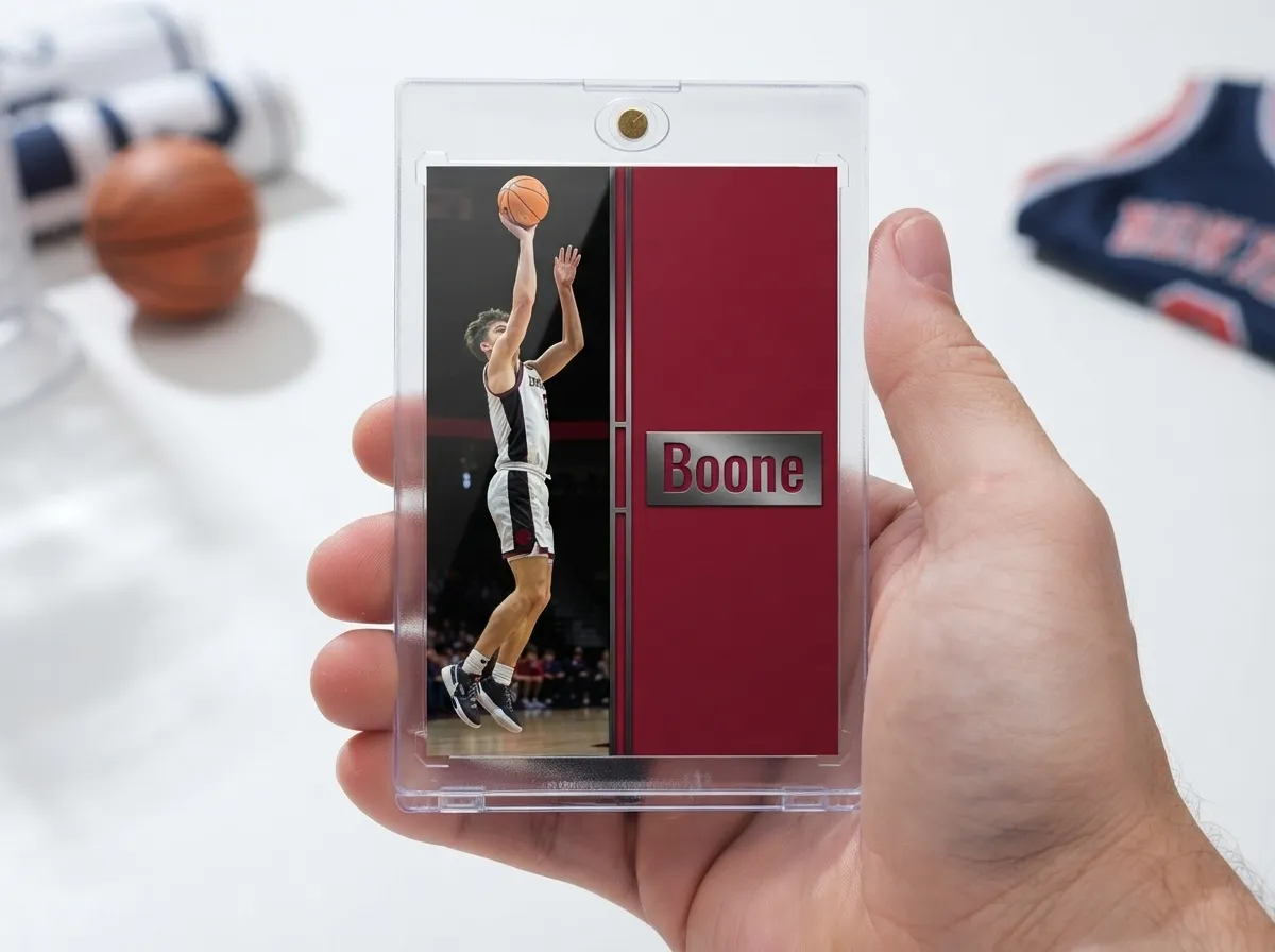 Custom sports trading card in magnetic case, split-panel crimson design, christmas gag gift.