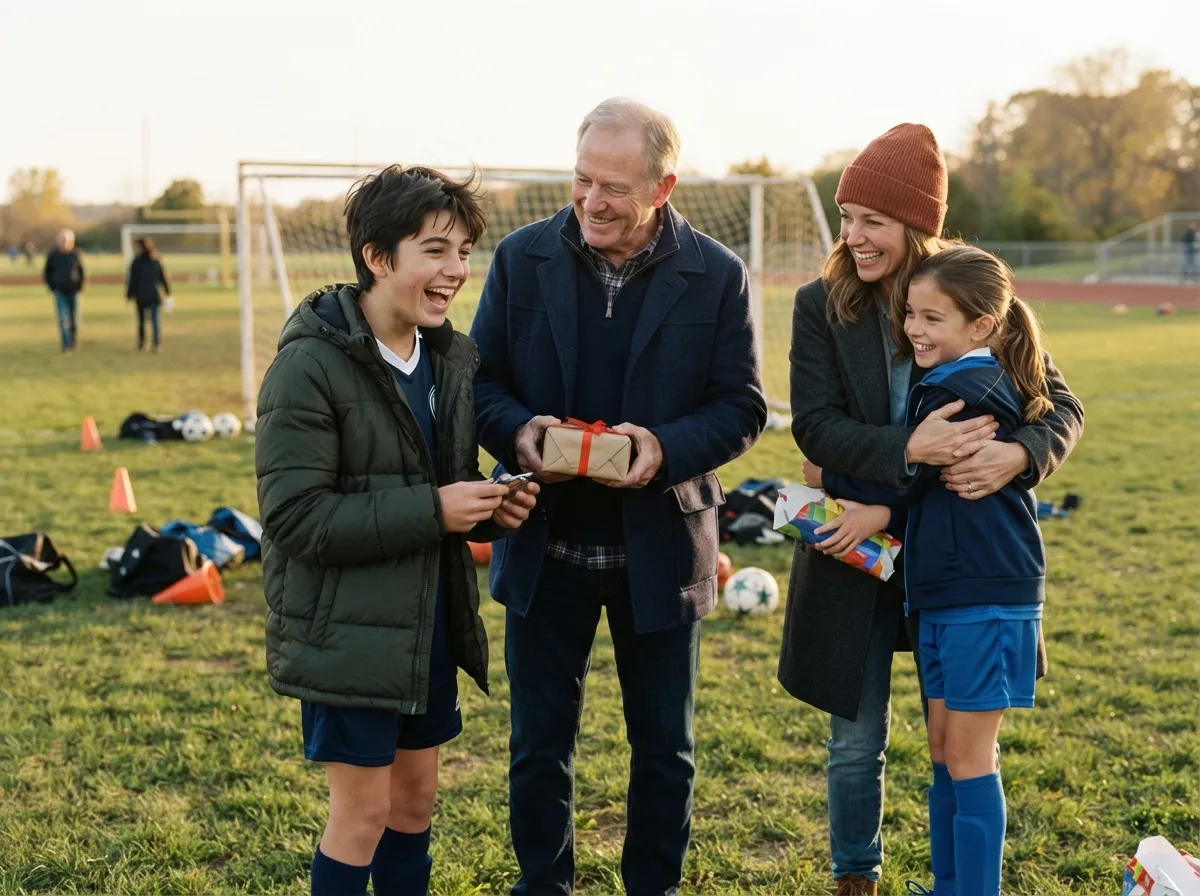 Family surprises young athletes with wrapped gifts on a sunny sports field.