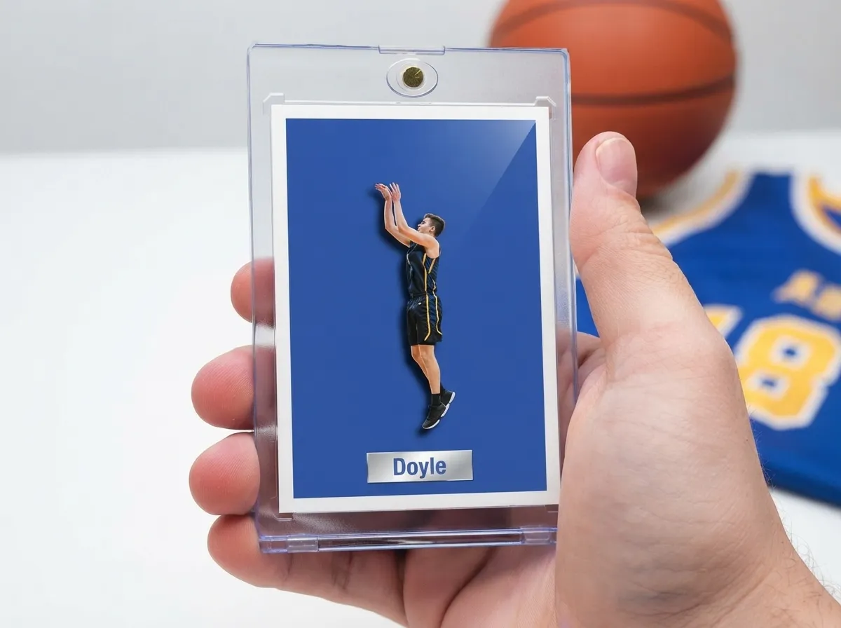 Custom sports trading card in magnetic case showing blue basketball player design.