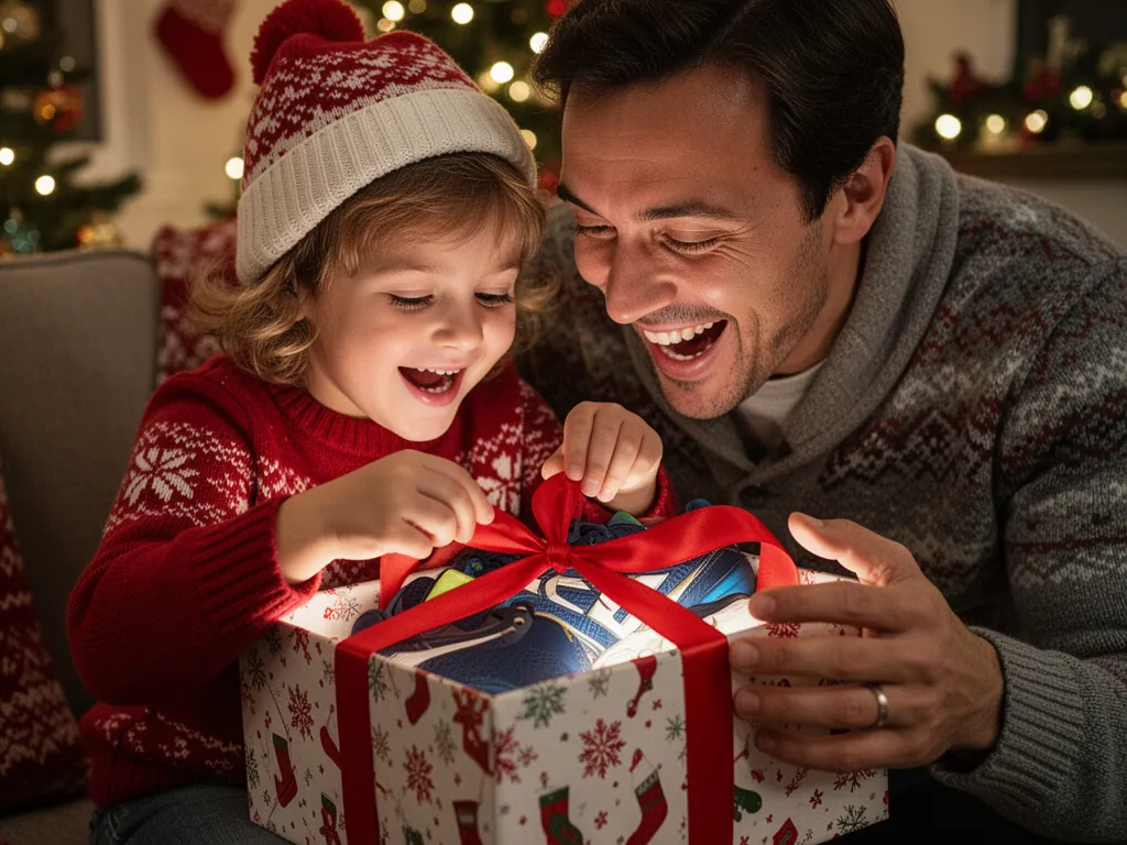 Parent and child excitedly opening a sports gift together on Christmas morning
