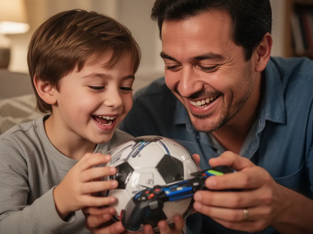 Parent and child celebrating together while opening a sports-themed gift indoors