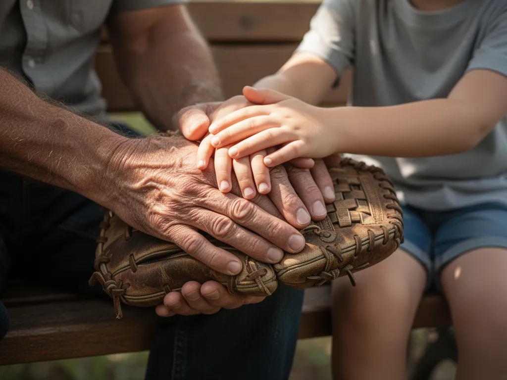 Close-up of father and child's hands together on baseball glove showing generational athletic bond