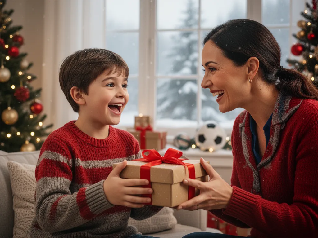 Parent and child sharing a joyful gift-giving moment with sports equipment during the holidays