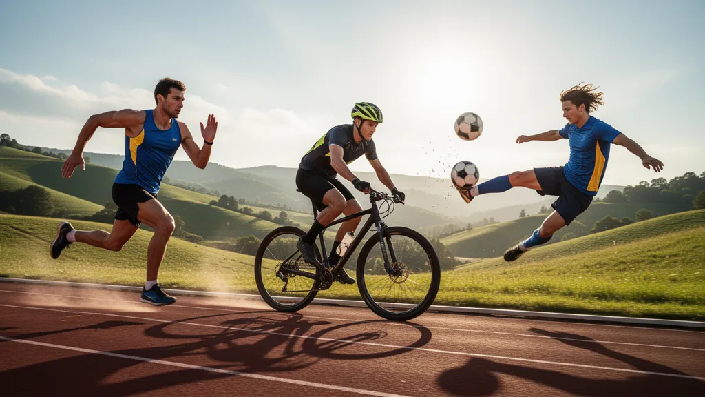 Multiple athletes competing in different sports captured mid-action with natural outdoor lighting and dynamic energy