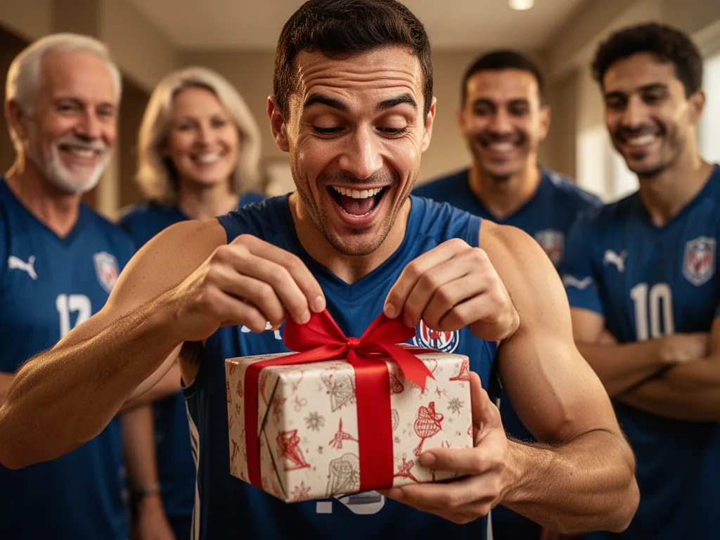 Athlete opening a wrapped gift with excited expression surrounded by smiling family and teammates