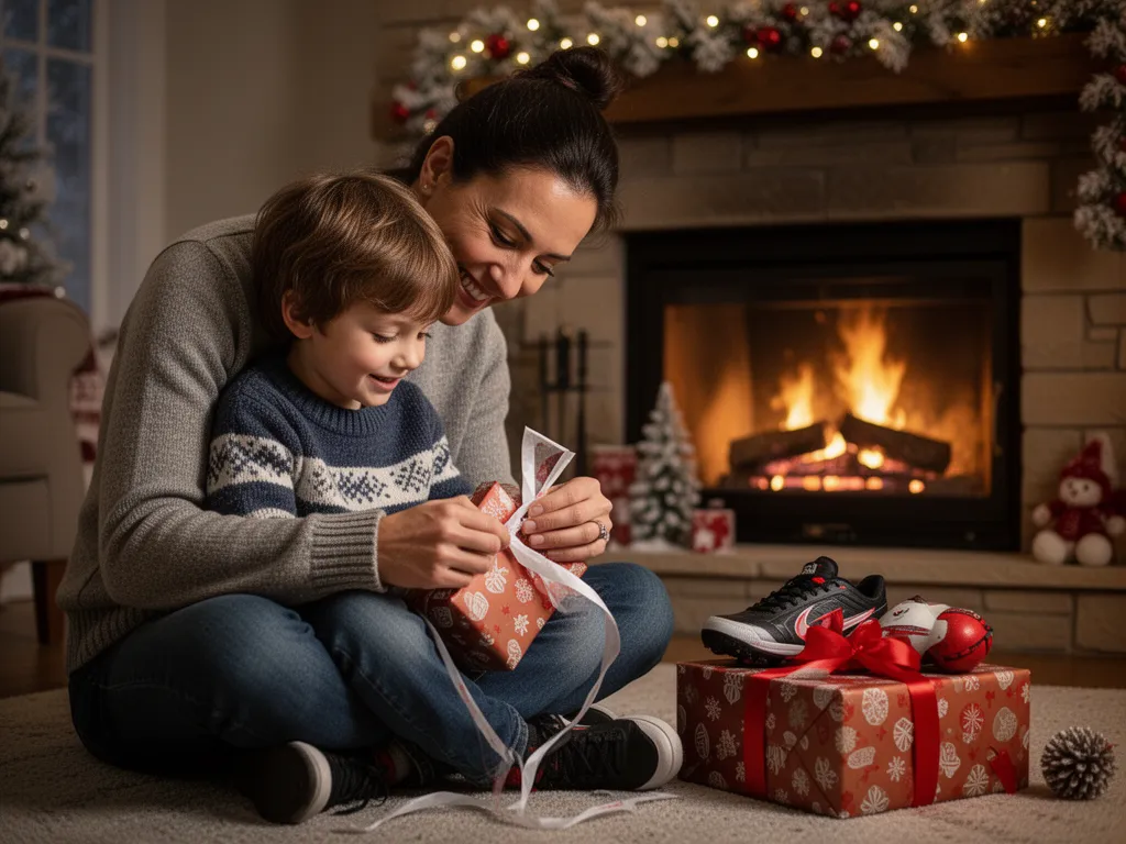 Parent and child opening sports gifts together by fireplace with warm holiday lighting
