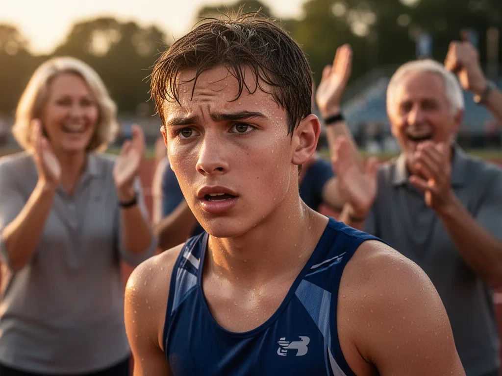[Young athlete with focused determination during competition while proud family members celebrate enthusiastically in background]