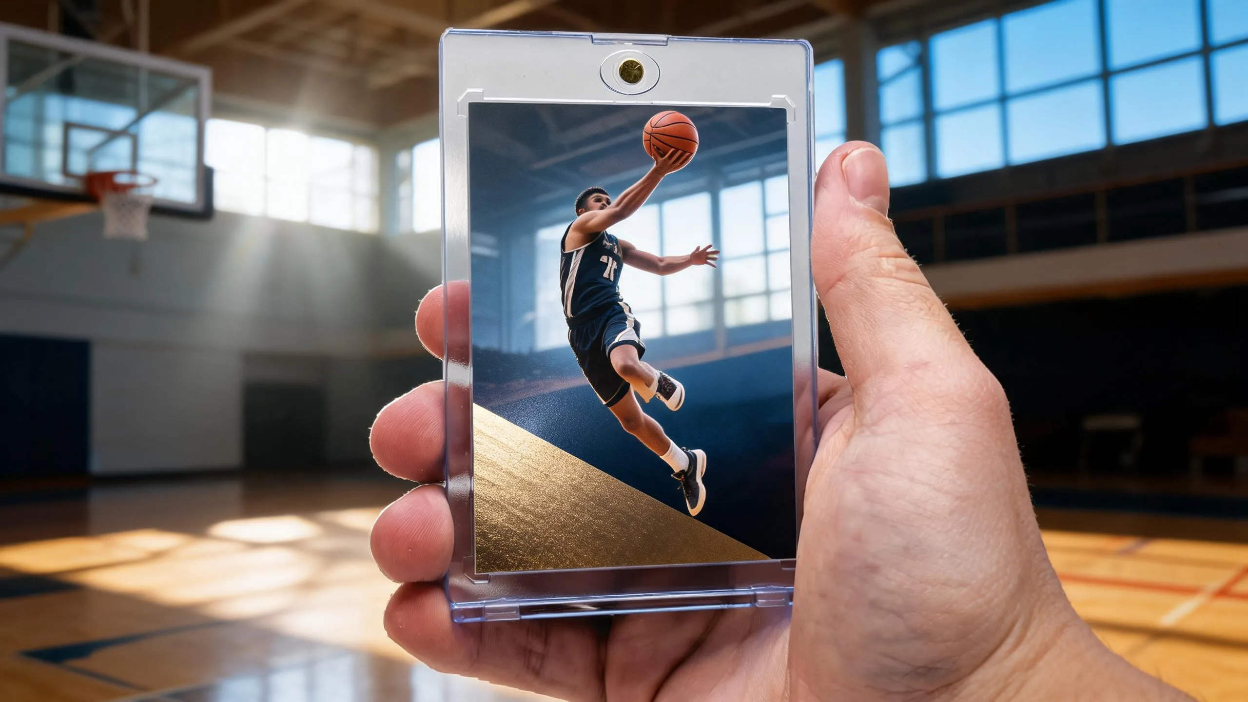 Hand holds magnetic case with custom basketball card for CIAA tournament weekend, sunny gymnasium background.