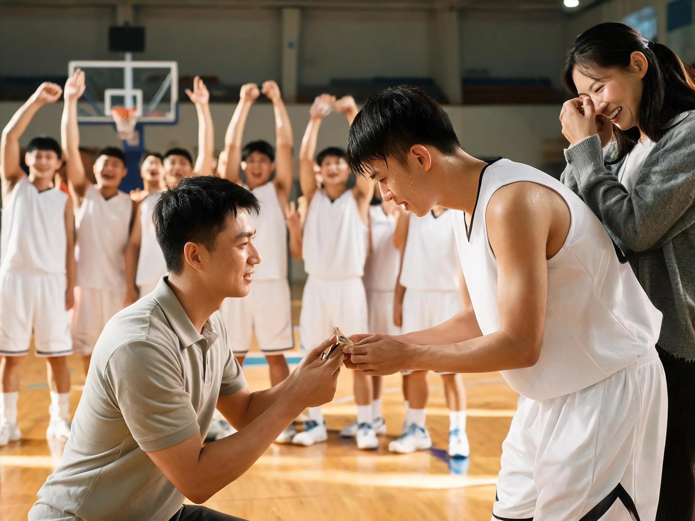 Coach and young basketball player share emotional moment courtside during tournament weekend celebration.