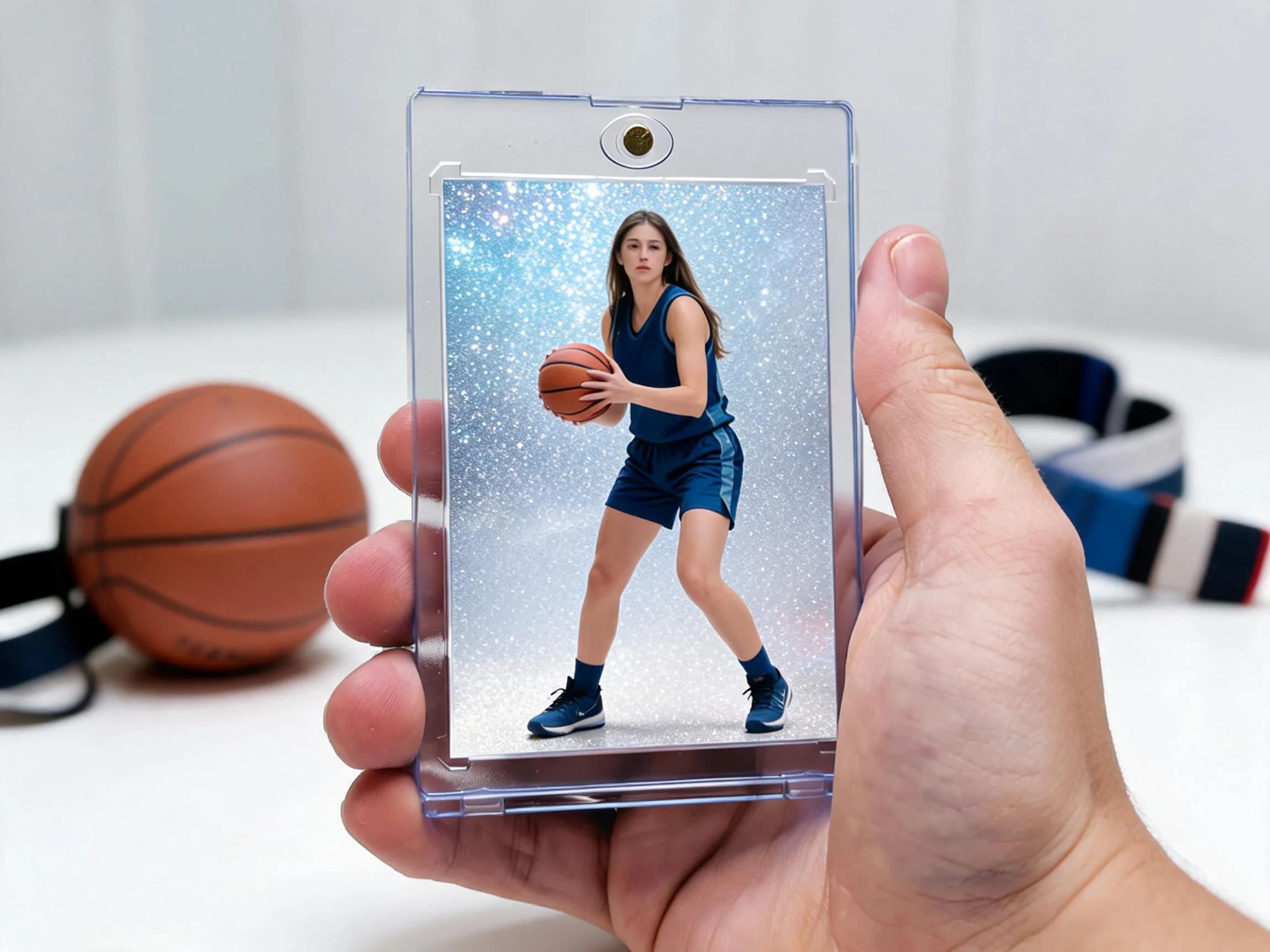Custom basketball trading card in magnetic case displayed on white tabletop surface.