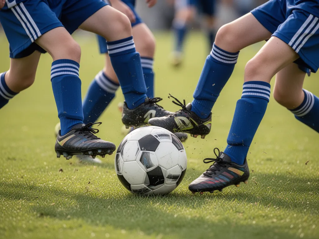 Close-up of competing soccer players' feet battling for the ball during tournament play
