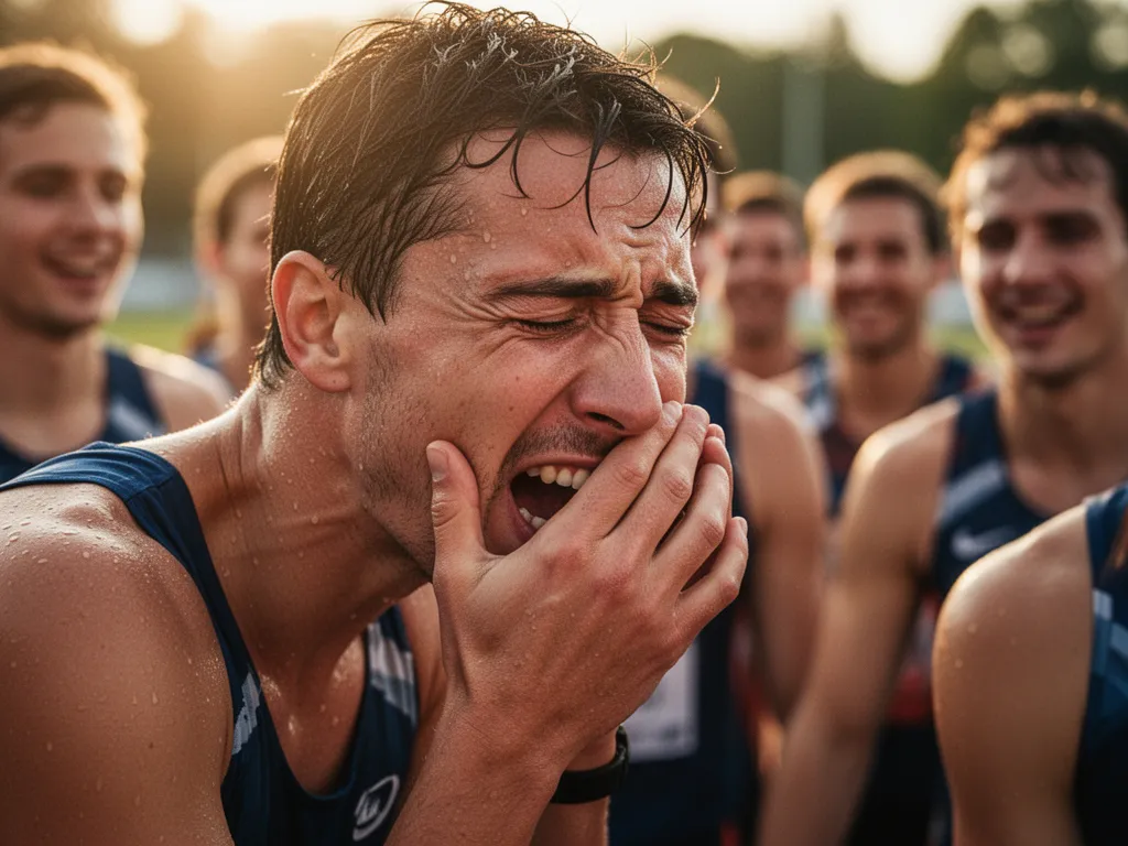 Exhausted athlete breathing heavily after extreme sports performance with supportive teammates visible behind them