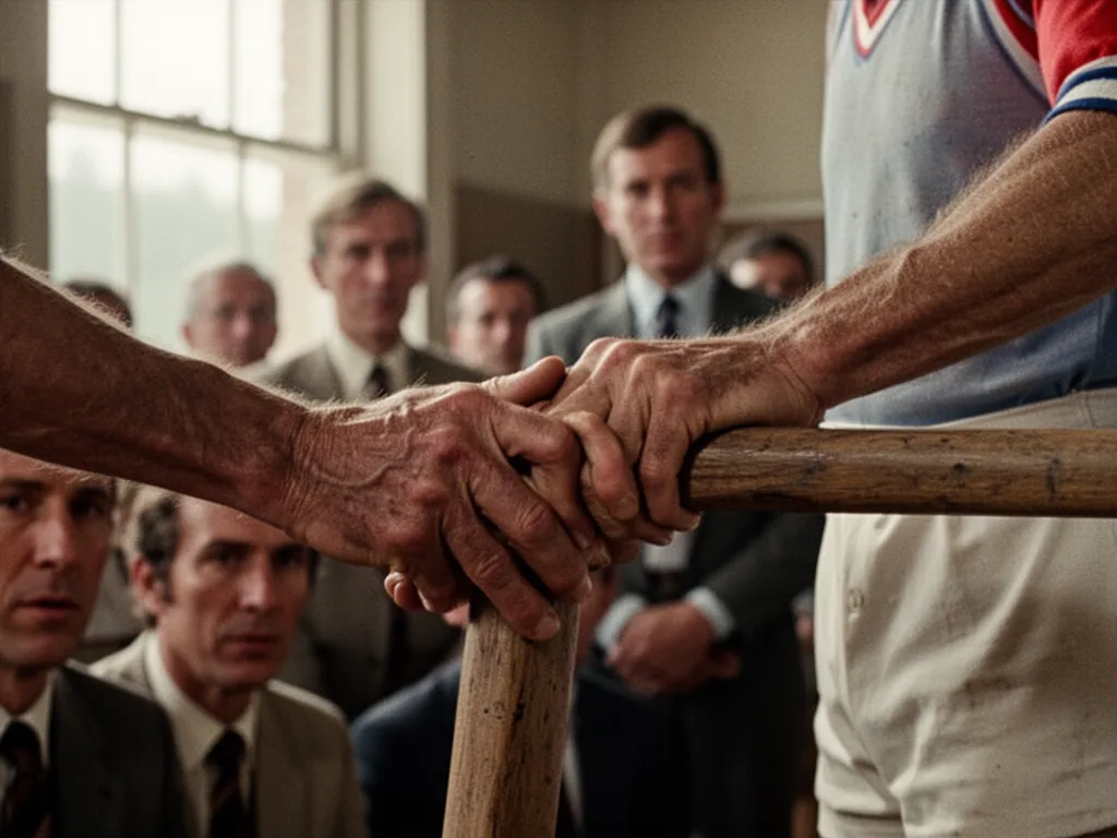 Detailed close-up of athlete's hands holding sports equipment with spectators blurred in warm golden light.