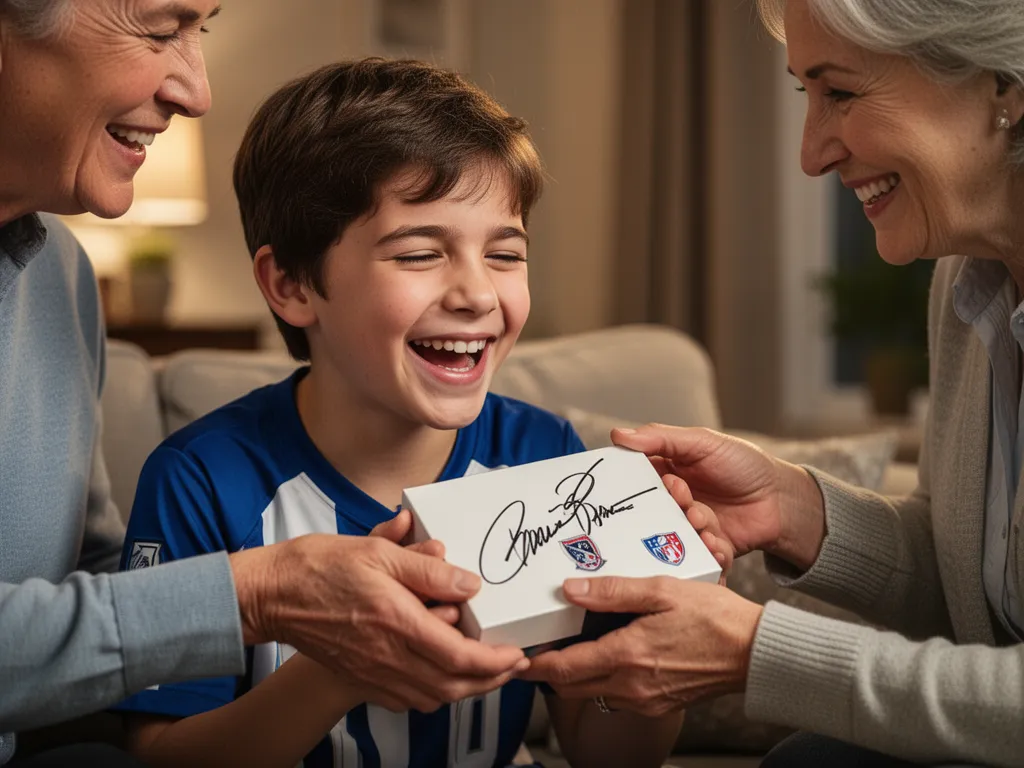 Young fan smiling with genuine emotion while opening a signed sports memorabilia gift from family member