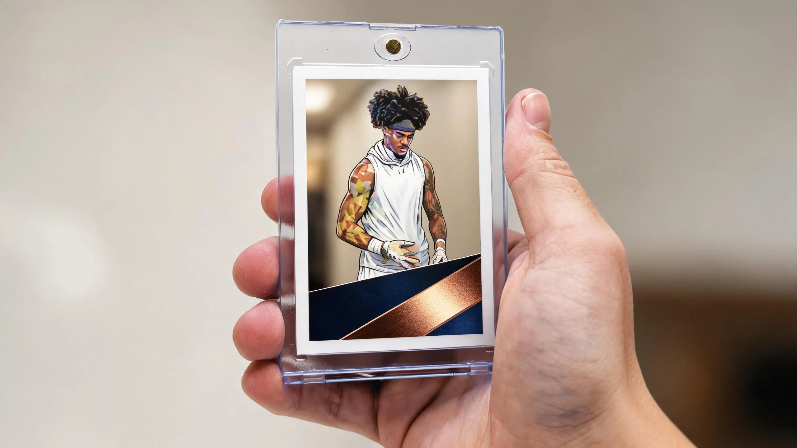 Magnetic case holding a custom athlete trading card, held by hand, near the closest trophy store.