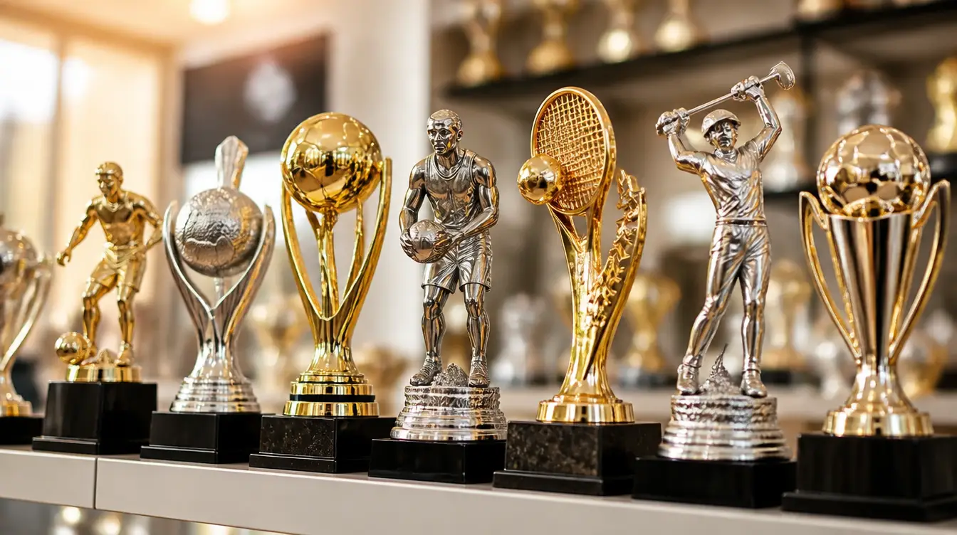 A row of gold and silver sports trophies on a shop shelf
