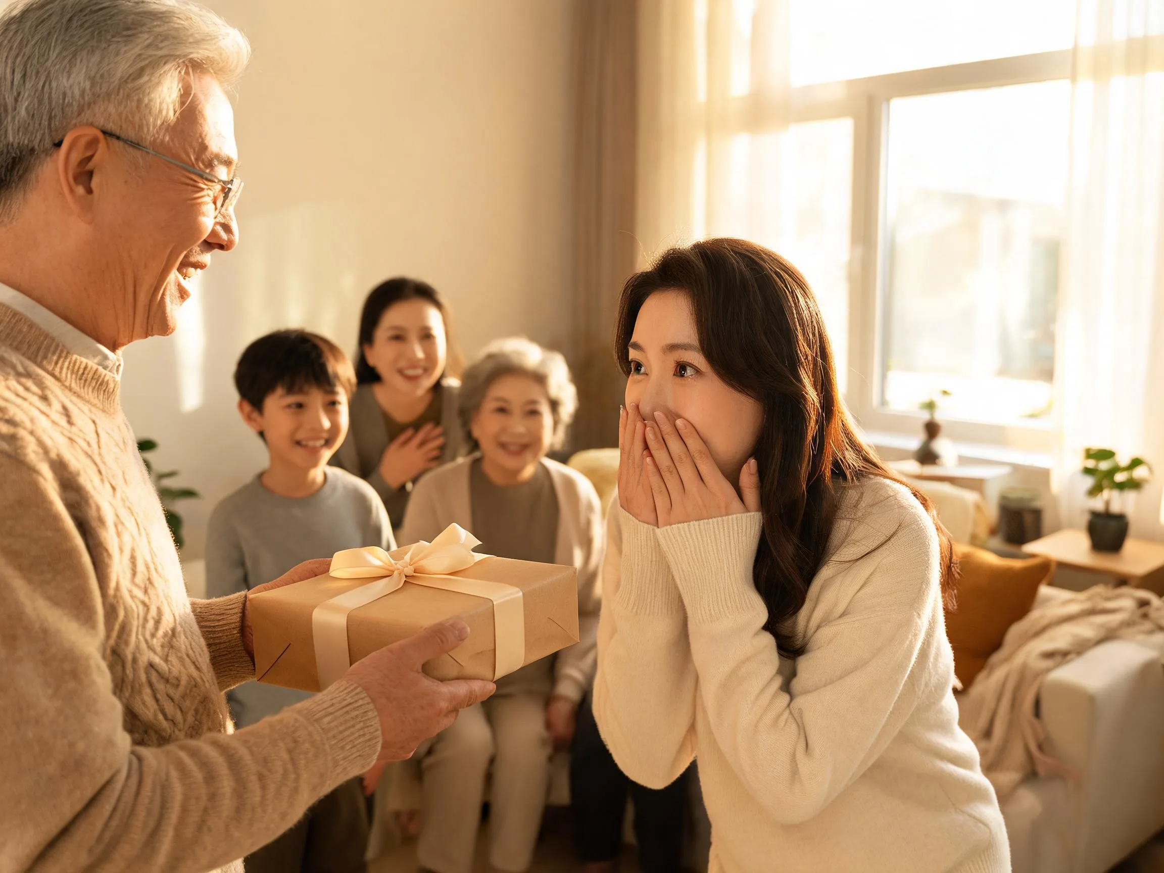 Family member reacting with joyful surprise while receiving an unexpected wrapped gift indoors.
