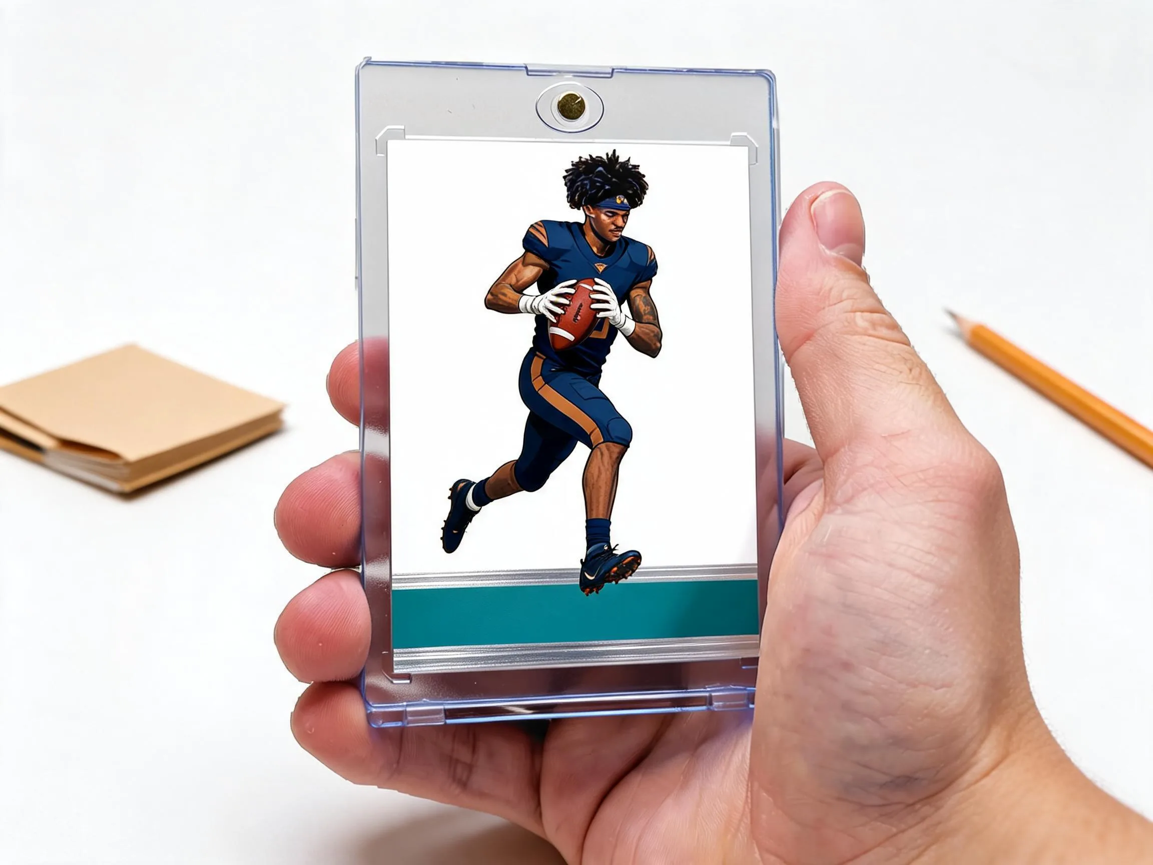 Custom keepsake trading card of an athlete in a clear magnetic display case.