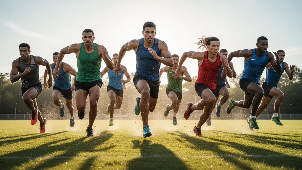Multiple diverse athletes in mid-sprint and jump across sunny outdoor field with dynamic motion and energy