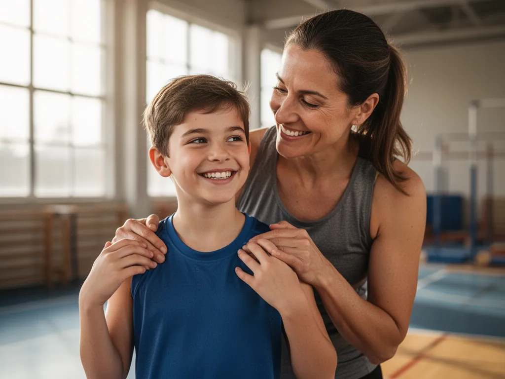 Parent embracing young athlete from behind with genuine smiles and pride in warm indoor gym lighting