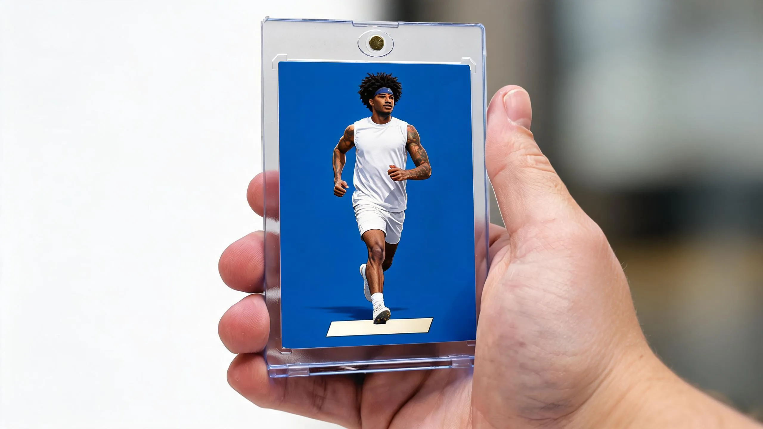 Hand holding a magnetic case with a collectible card game creator custom athlete card design.