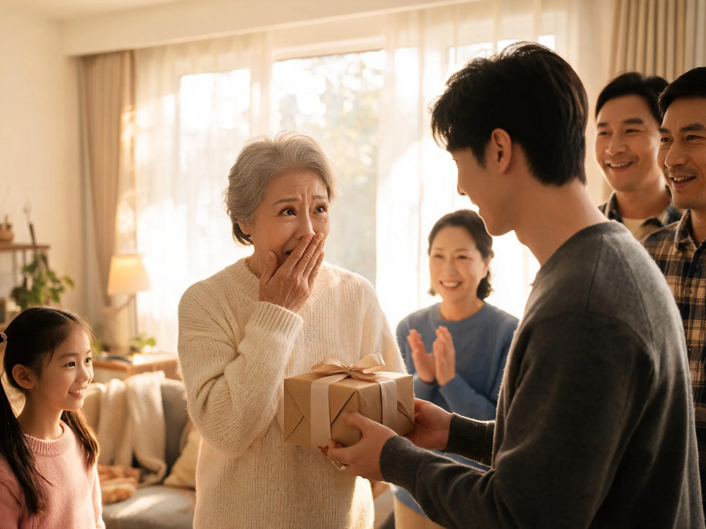 Family member reacting with joyful surprise while being handed an unexpected wrapped gift indoors.