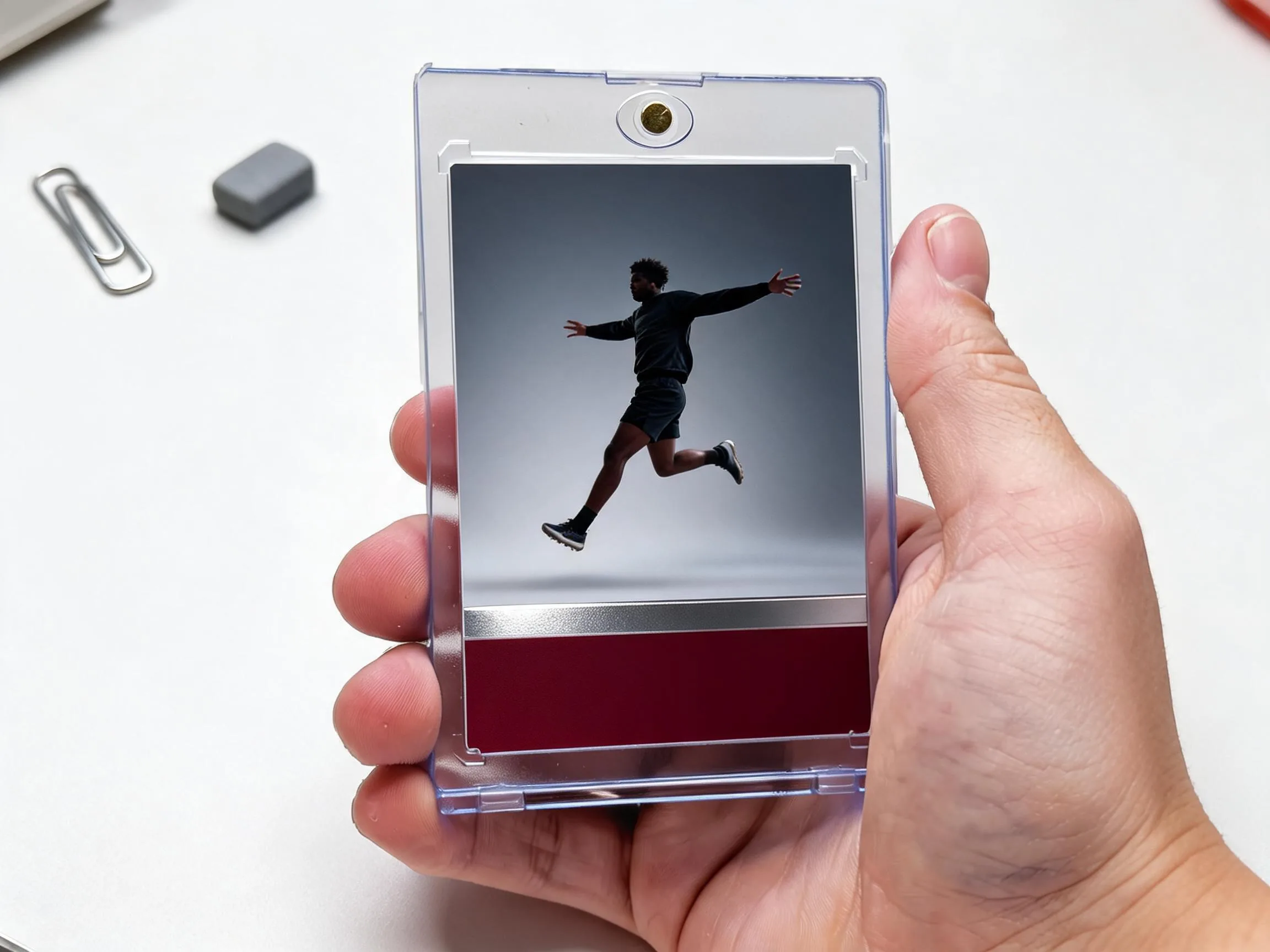 Custom keepsake trading card in a magnetic case showing an action-style athlete design.