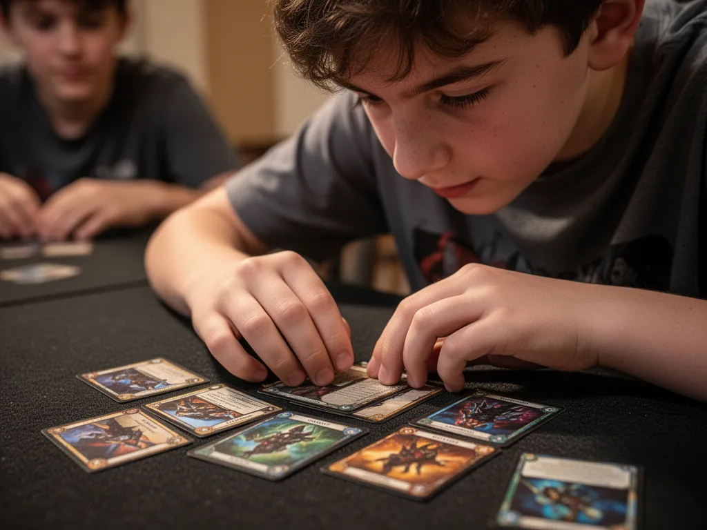 Young player's hands carefully arranging collectible cards with focused concentration and passion