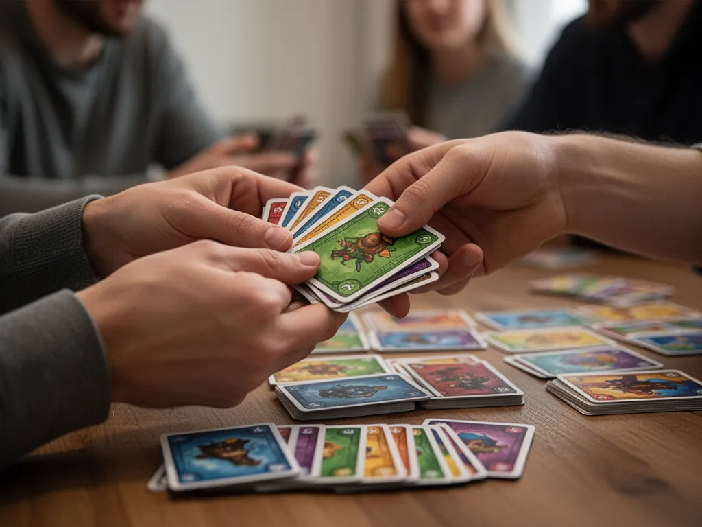 Player's hands organizing and shuffling a deck of collectible cards before tournament play begins.
