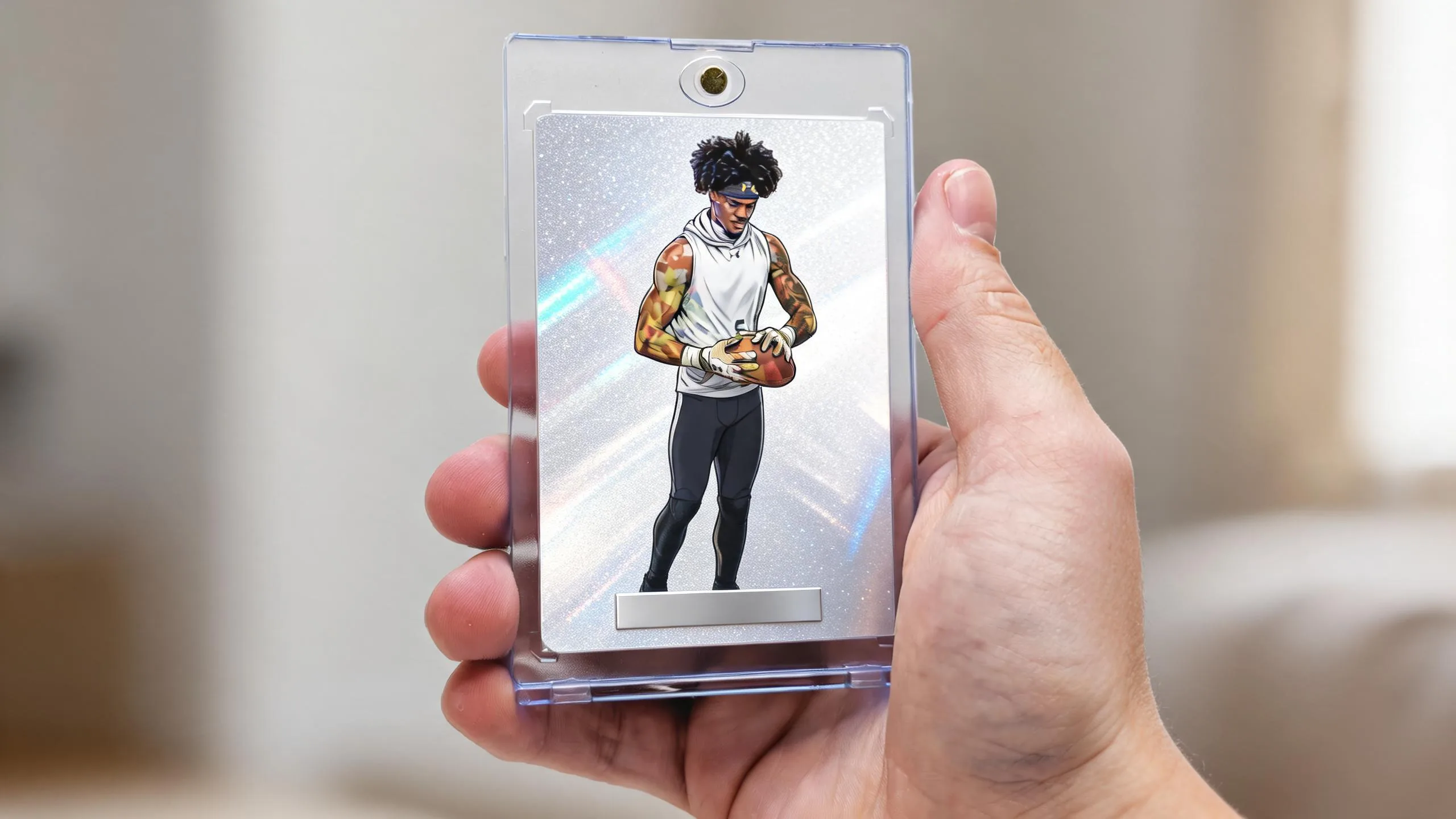 Hand holding a collector card template in a magnetic case, icy silver-blue refractor design.