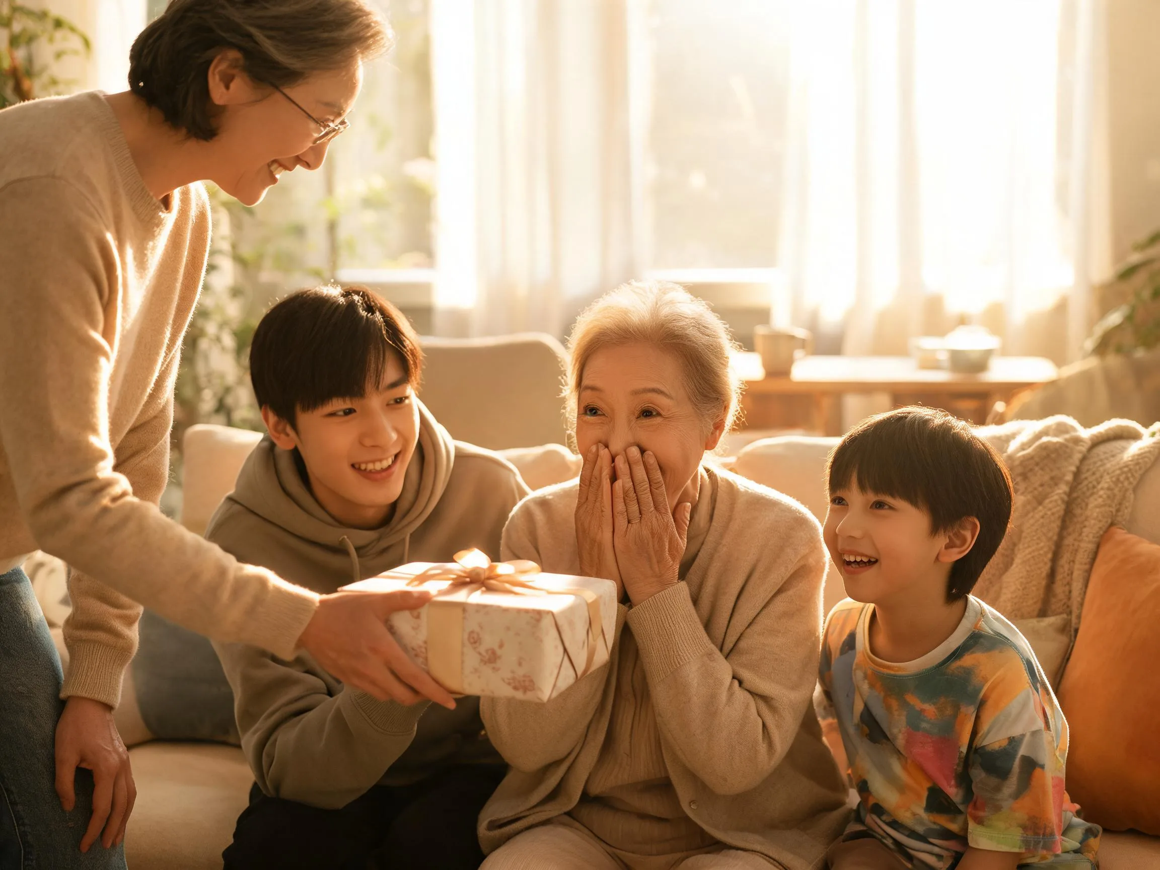 Family member reacting with genuine surprise to an unexpected gift in warm light.