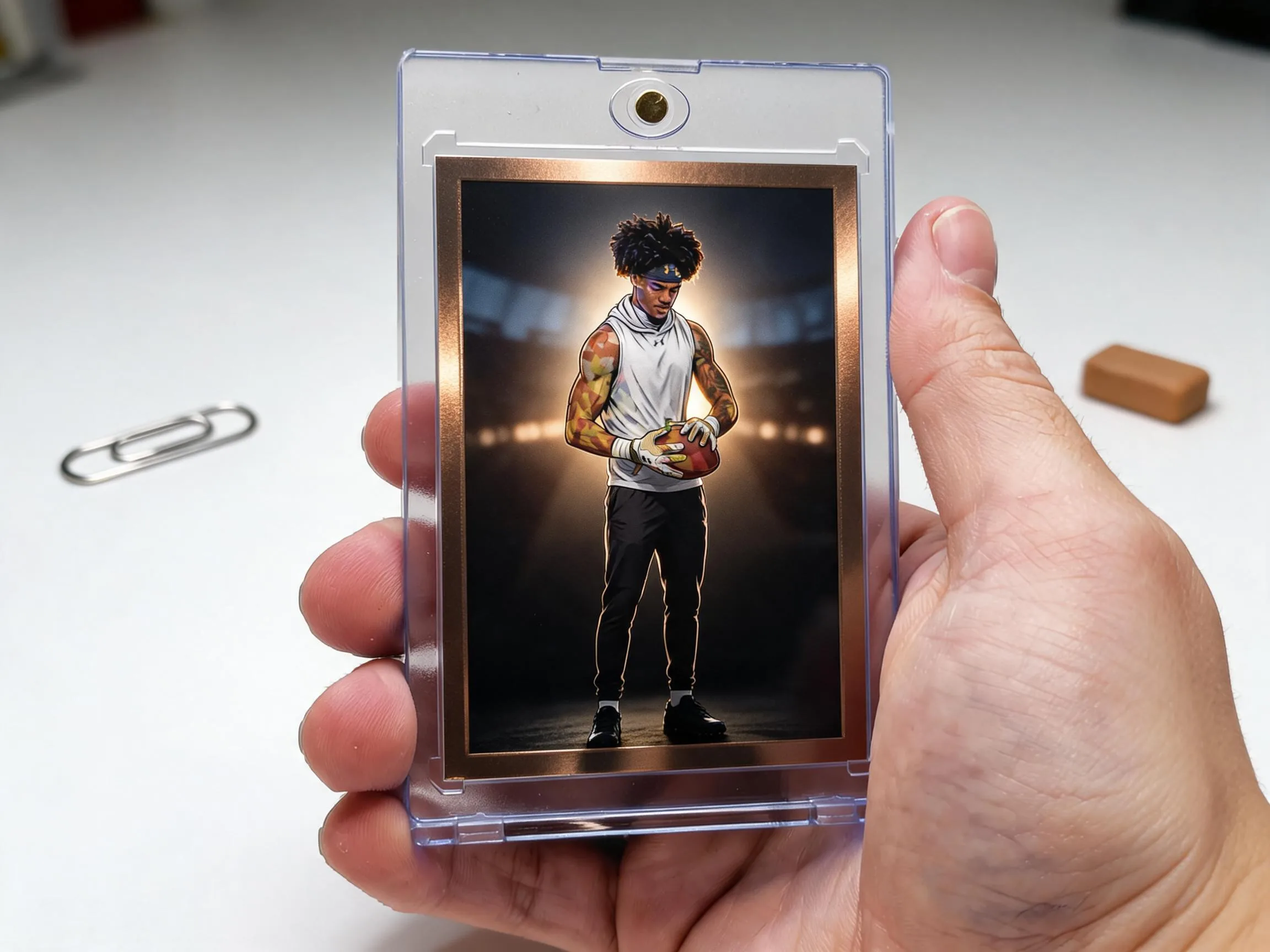 Custom keepsake trading card in a magnetic case, stadium-night design with metallic border.