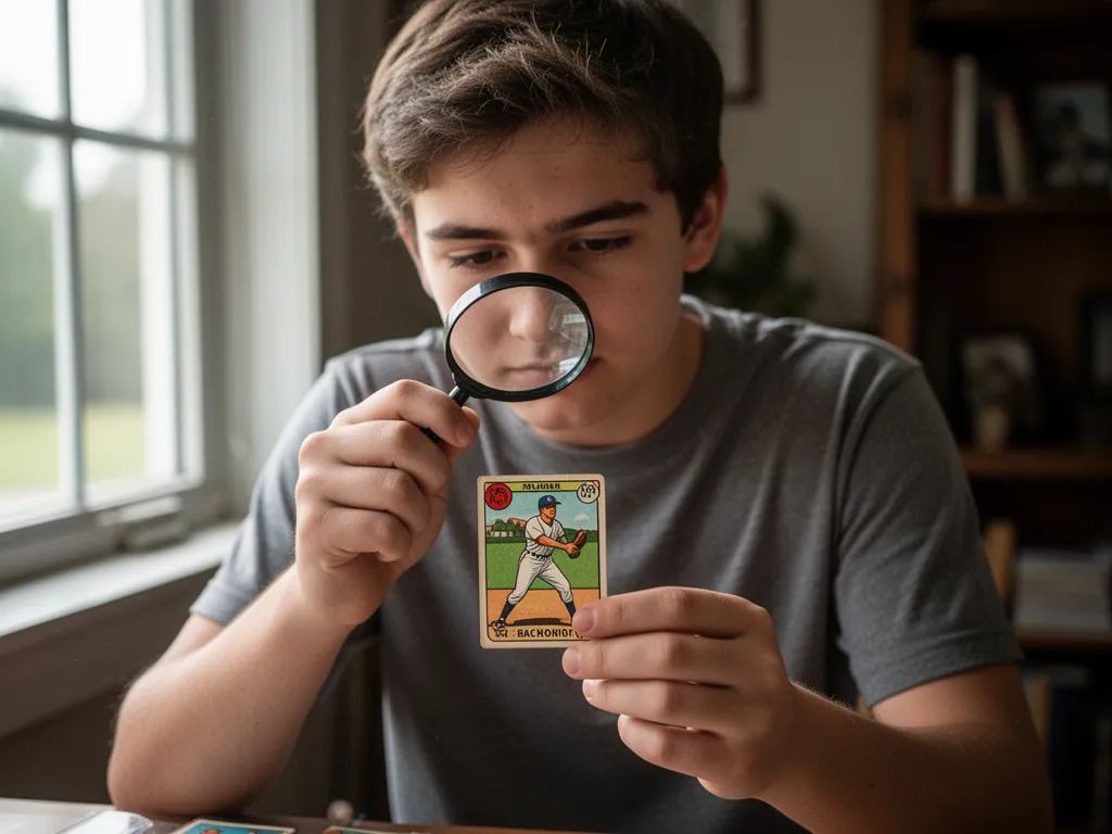 Young collector carefully inspecting vintage baseball card under magnifying glass with concentrated expression