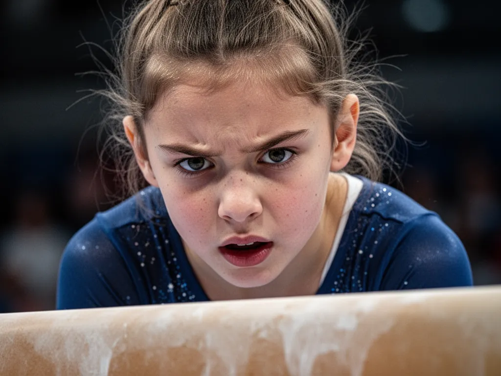 [Young female gymnast concentrating intensely during competitive balance beam performance]