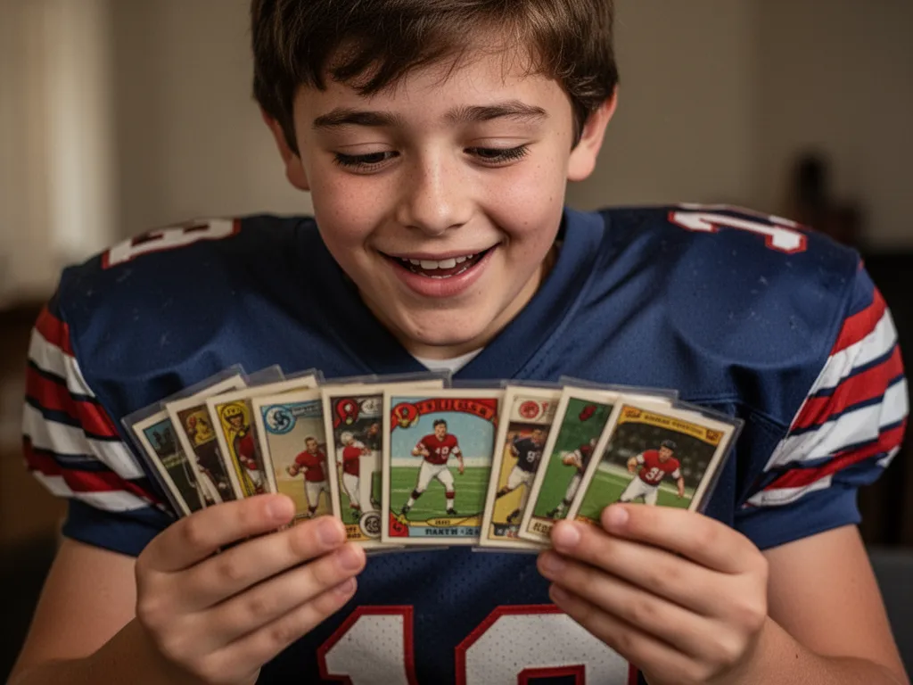 [Young collector examining vintage football cards with focused attention and enthusiasm indoors]