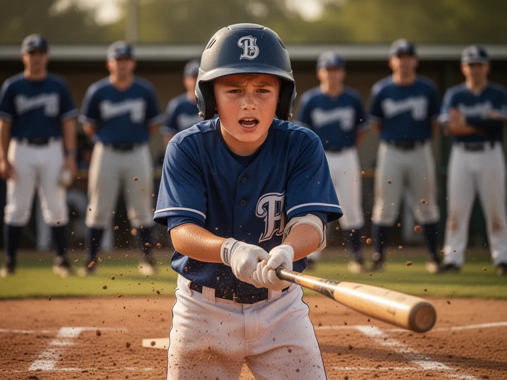 Young baseball player at home plate gripping bat after swing with teammates watching in soft focus background