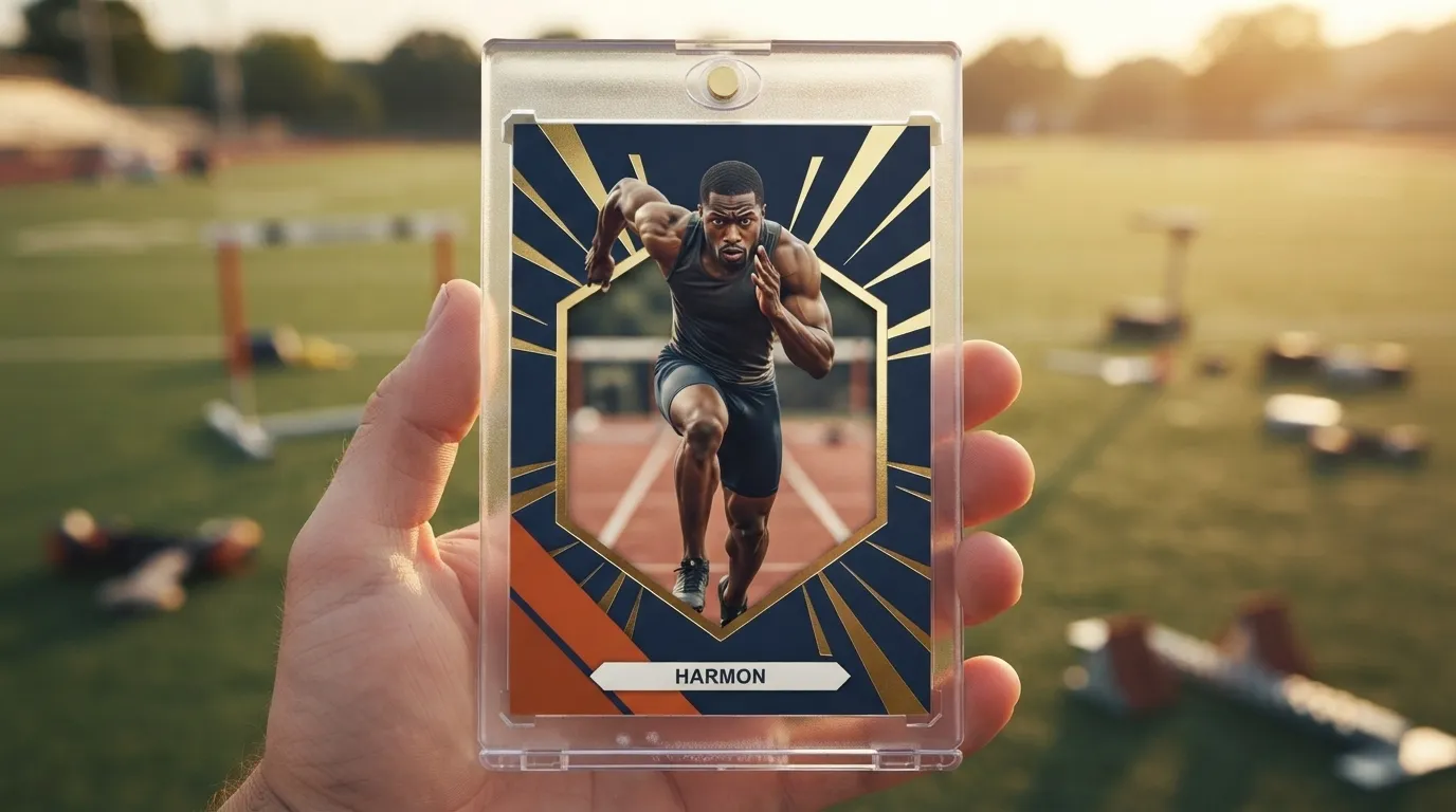 Hand holding magnetic case with gold-foil college graduation gifts sports trading card, sprinter mid-stride.