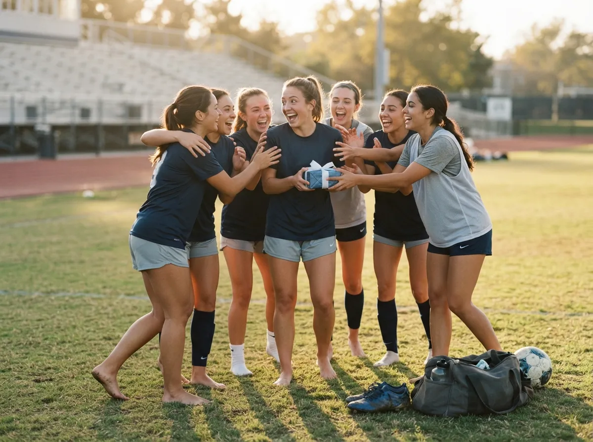 College athletes celebrating a joyful graduation gift surprise together on a sunny sports field.
