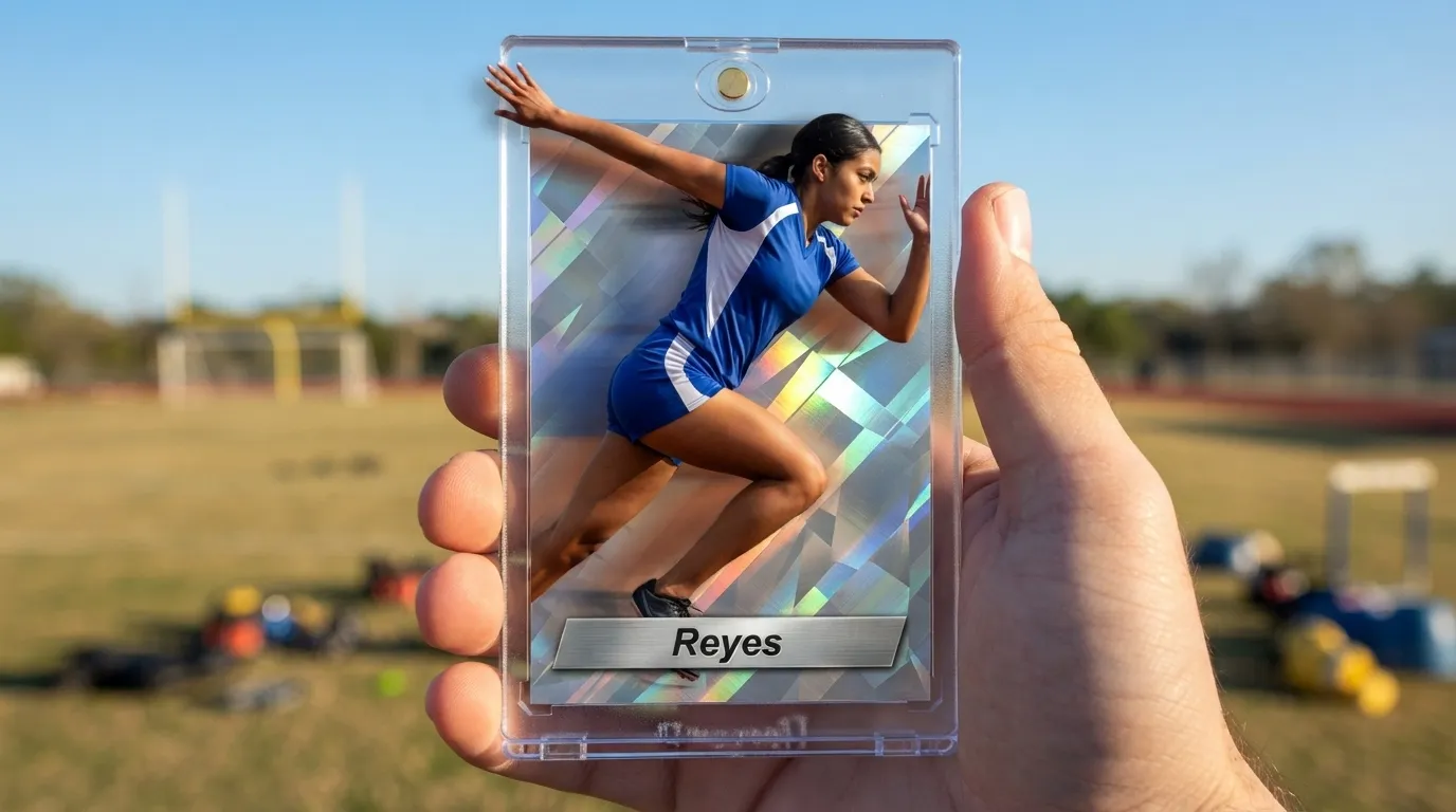 Hand holding magnetic case with conversation cards trading card of a sprinter mid-stride.