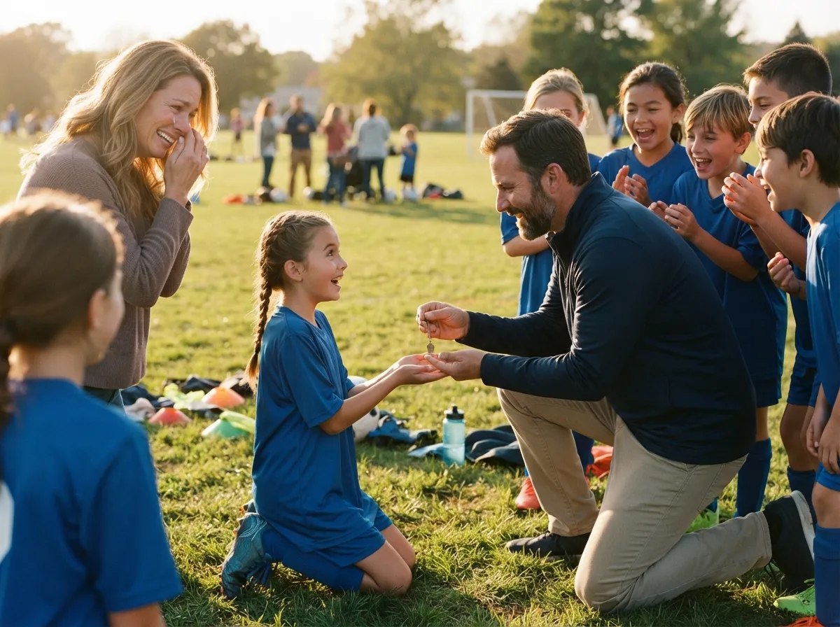 Coach and young athlete share an emotional moment as parents and teammates celebrate nearby.