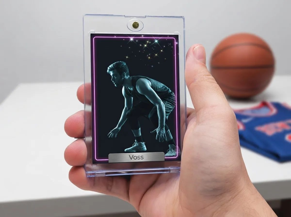 Custom sports trading card in magnetic case showing basketball player under neon rim light.
