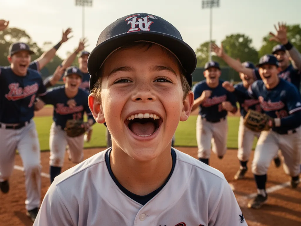 Young player's joyful expression surrounded by celebrating teammates after home run